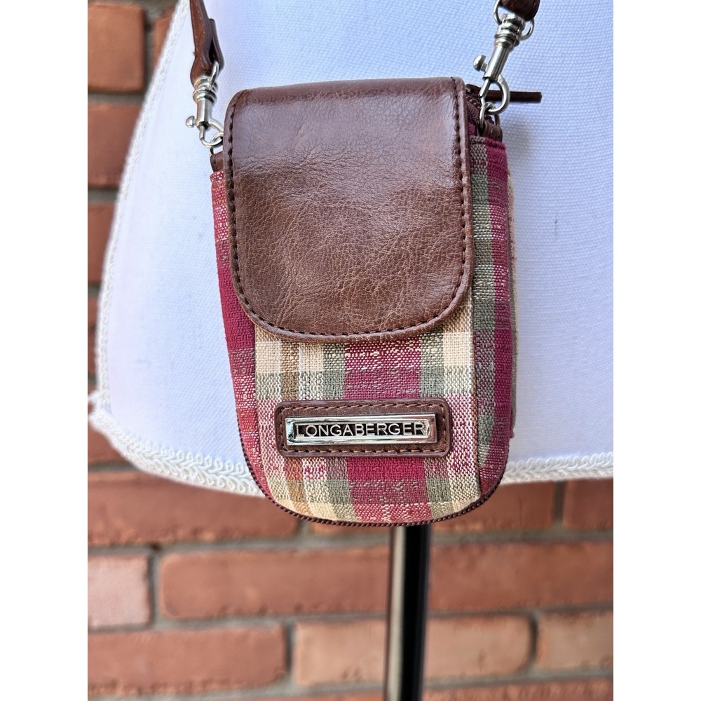 Longaberger Red Plaid Crossbody Cell Phone Bag with Brown Leather Trim
